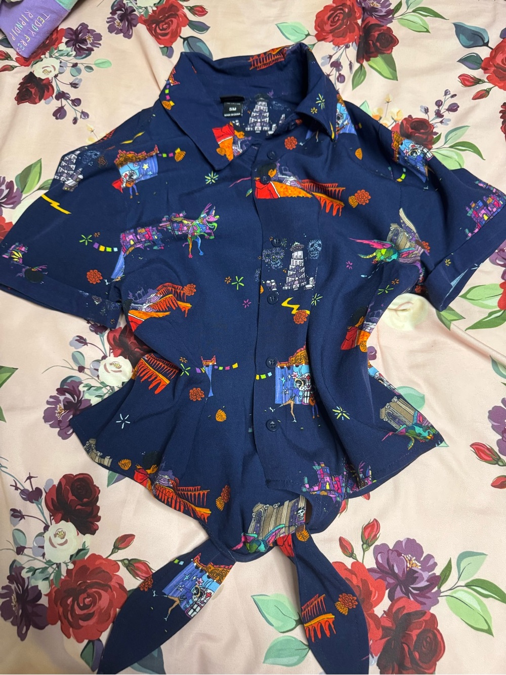 Hot Topic Navy Button-Front Printed Tie-Hem Shirt